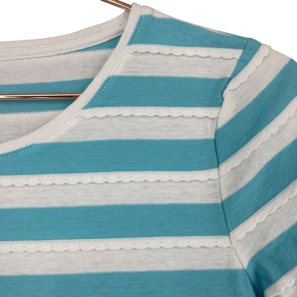 Talbots Top Womens P Petite Turquoise Stripe Scalloped Trim Cotton Short Sleeve - Picture 1 of 6